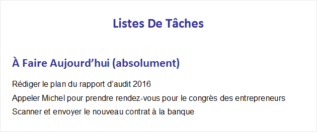 liste des taches à faire aujourd'hui