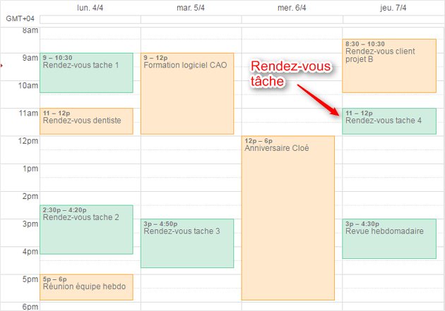 rendez-vous taches planifiés dans l'agenda