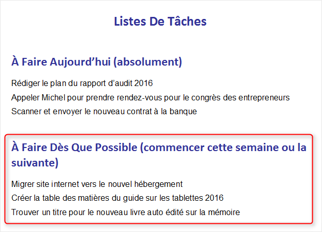 liste des tâches à faire dès que possible